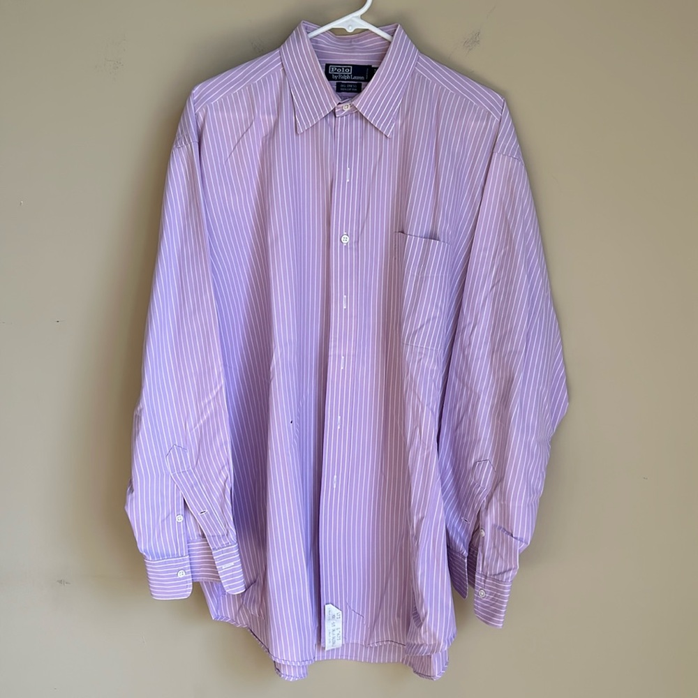 Polo by Ralph Lauren button down in lavender & white stripes. Size 16 1/2 - 34.
